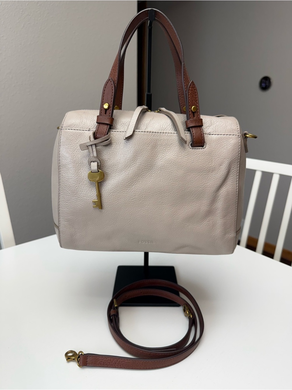 Fossil Taupe Leather Satchel with Brown Handles